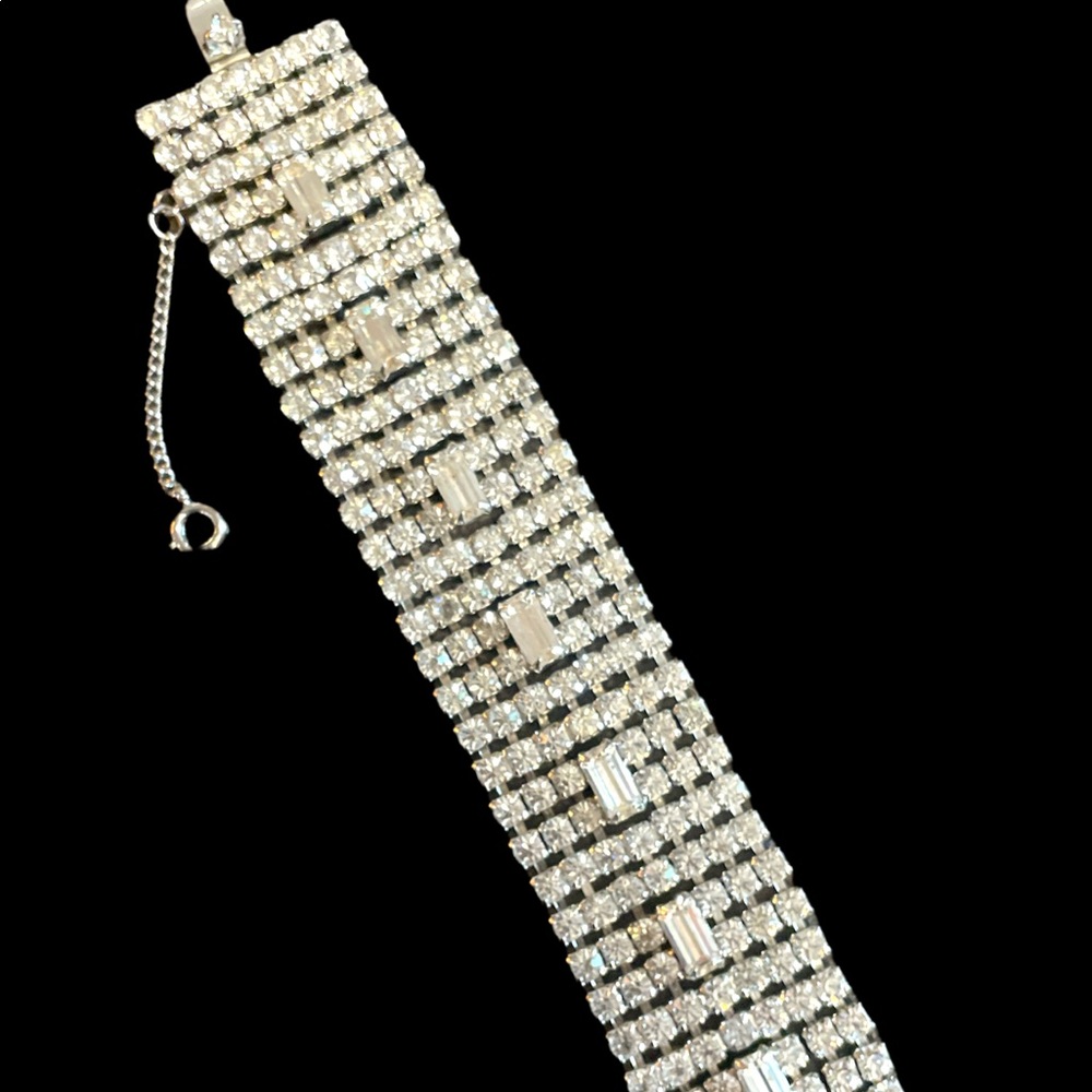 Vintage WEISS Signed Multi Strand Crystal Rhinestone Wide Cuff Tennis Bracelet